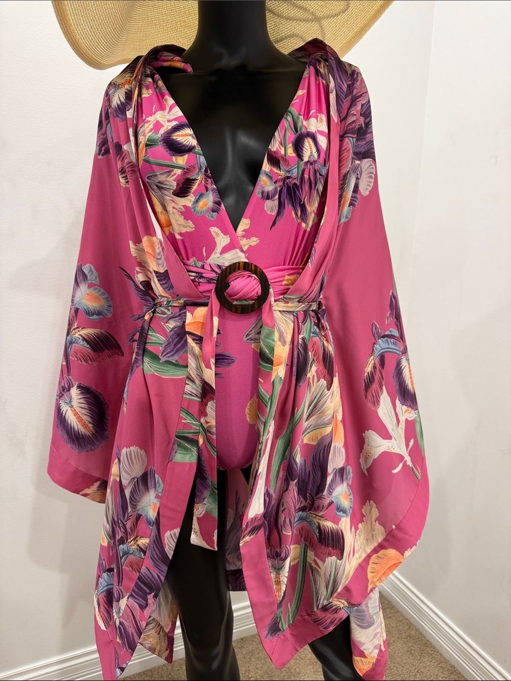 PatBO Iris Print Swimsuit & Matching Kimono Set Pink Resort Beachwear S NWT